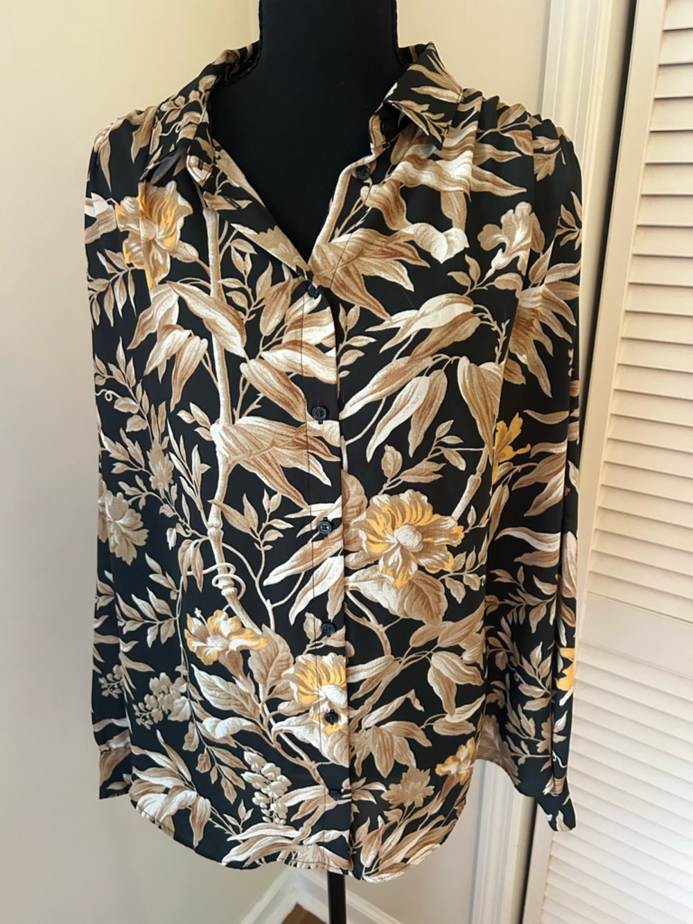 H&M Black Blouse with Gold and Cream Floral Print